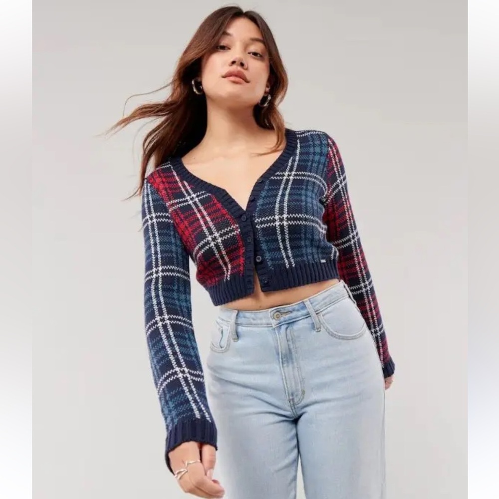 Hollister Plaid Academia Cropped Cardigan Size Small Blue Green Red